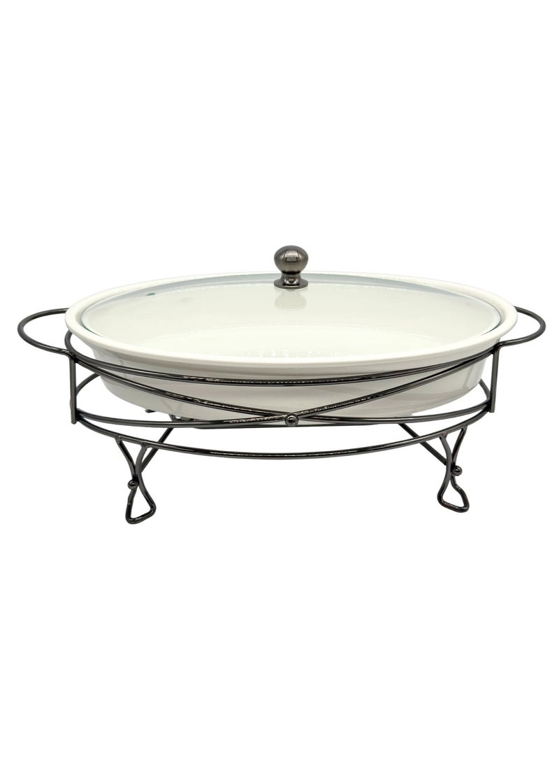 AL-GANNAS 2.2L Oval Ceramic Buffet Food Warmer on Metal Titanium Stand | With 2 Tealight Candle Holders, Chafing Dish for Keeping Food Warm - Image 2